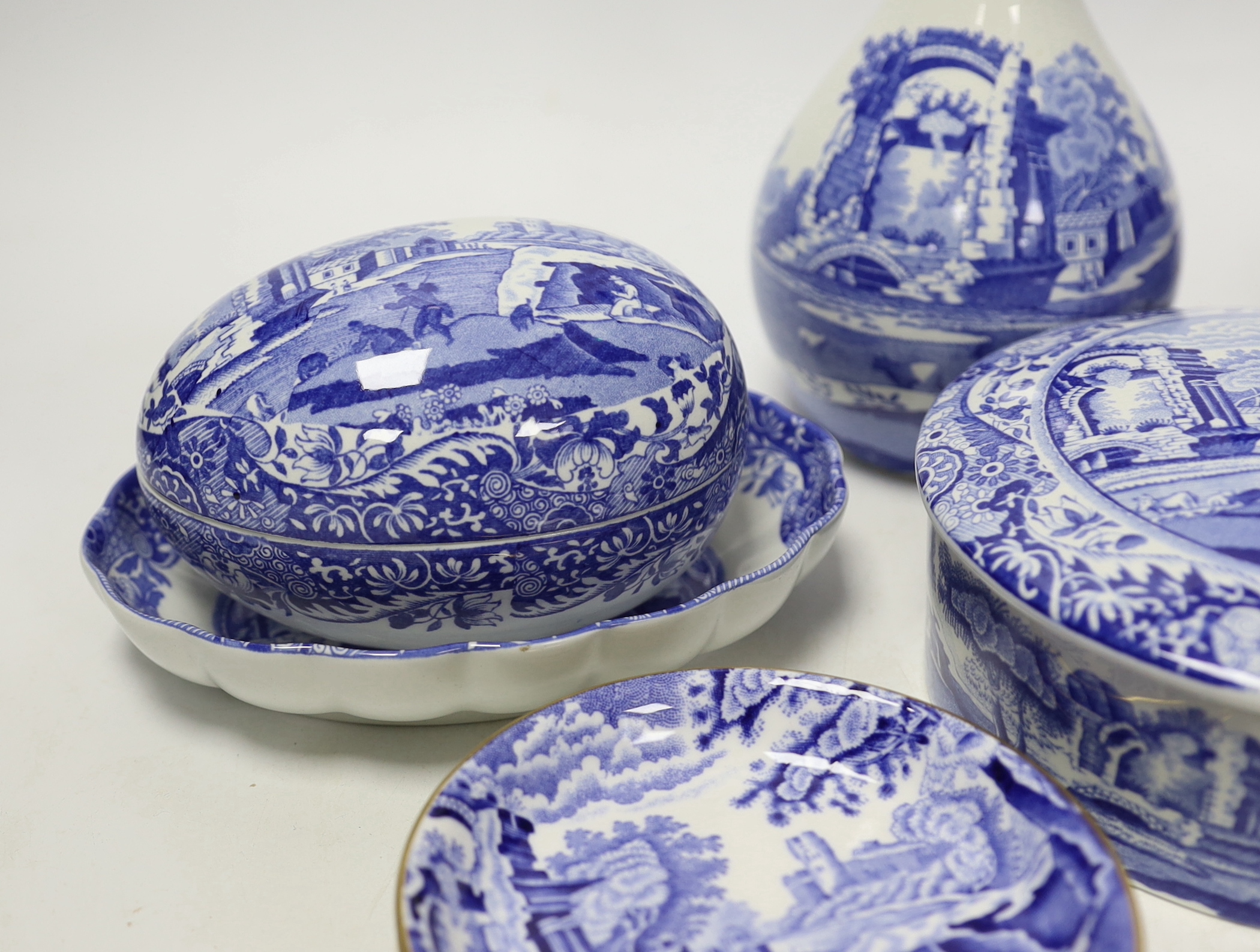 A collection of Spode Italian blue and white trinket boxes, dishes and two vases, (13)